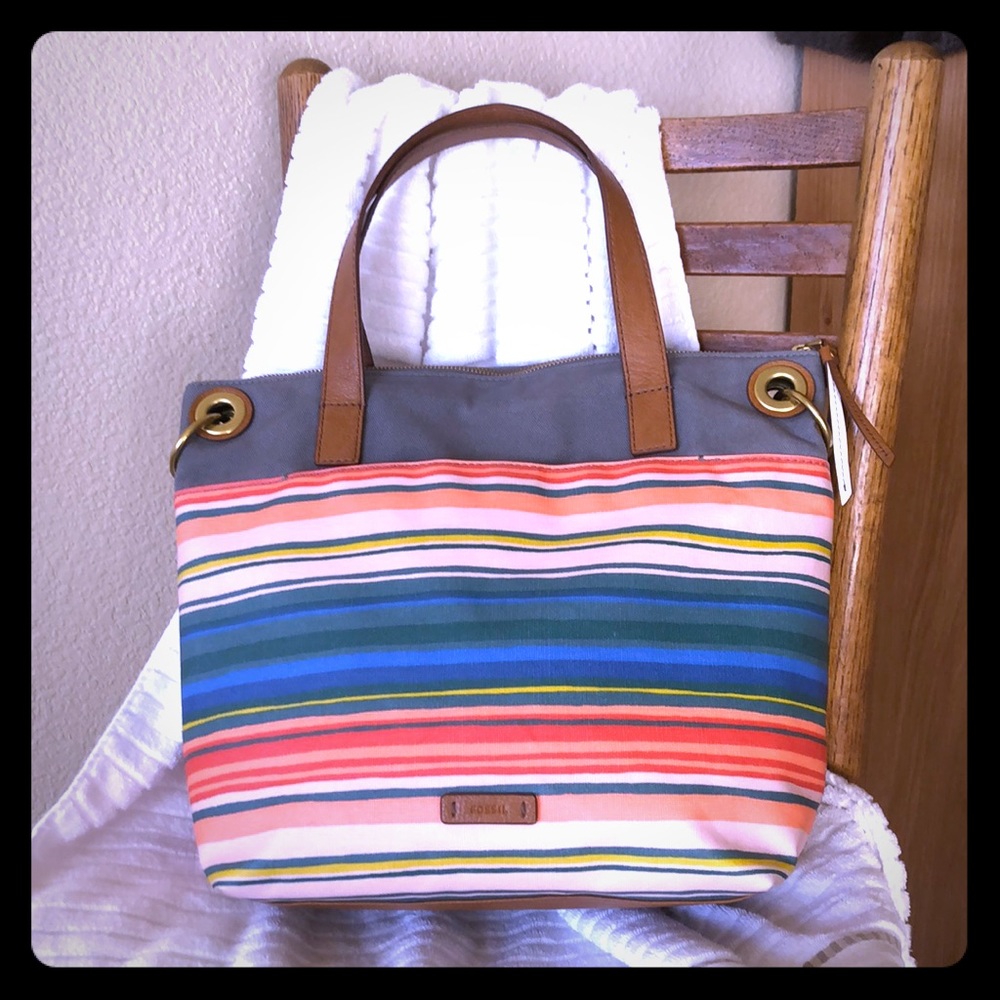 Fossil Multi Striped Leather And Canvas Tote